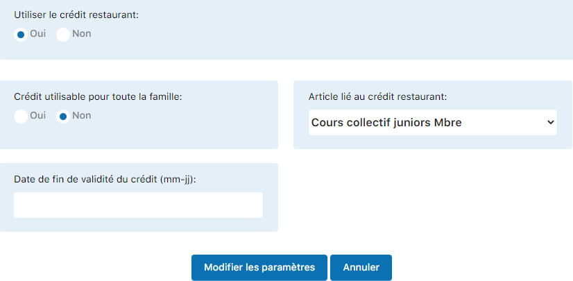 Panneau de configuration du crédit restaurant
